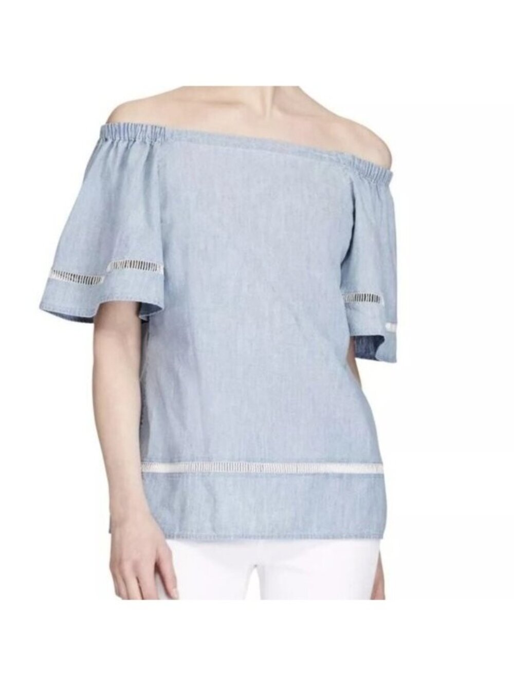 Lauren Ralph Lauren Blue Chambray Off Shoulder Flutter Sleeve Top Womens Medium - Picture 3 of 14